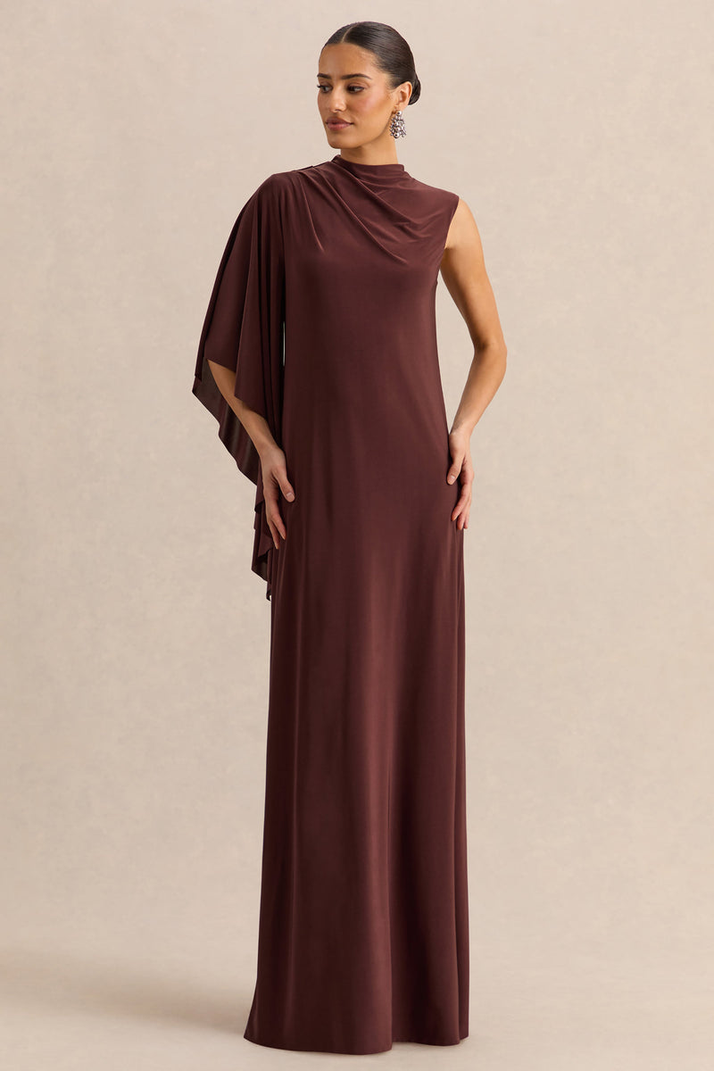Marosia | Vestido largo marrón de cuello alto con manga tipo capa