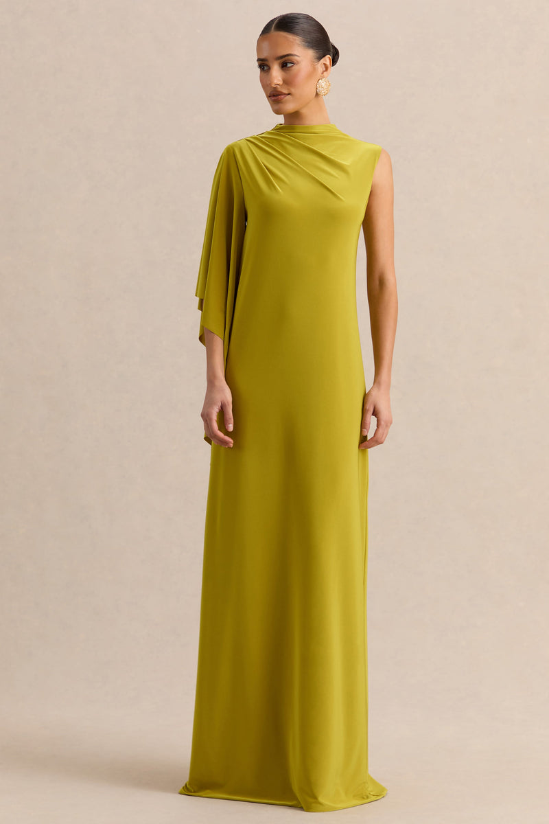 Marosia | Vestido largo color oliva con cuello alto y mangas estilo capa