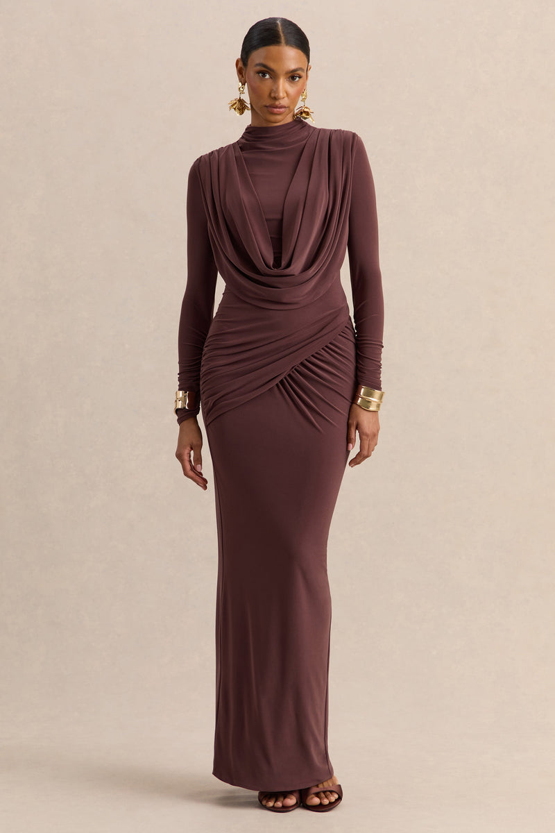 Karinthia | Vestido maxi marrón de cuello alto con detalle drapeado