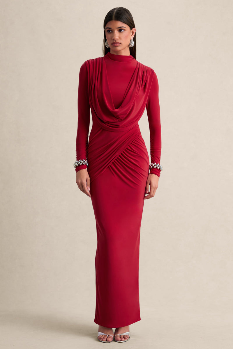 Karinthia | Vestido largo rojo de cuello alto con detalles drapeados