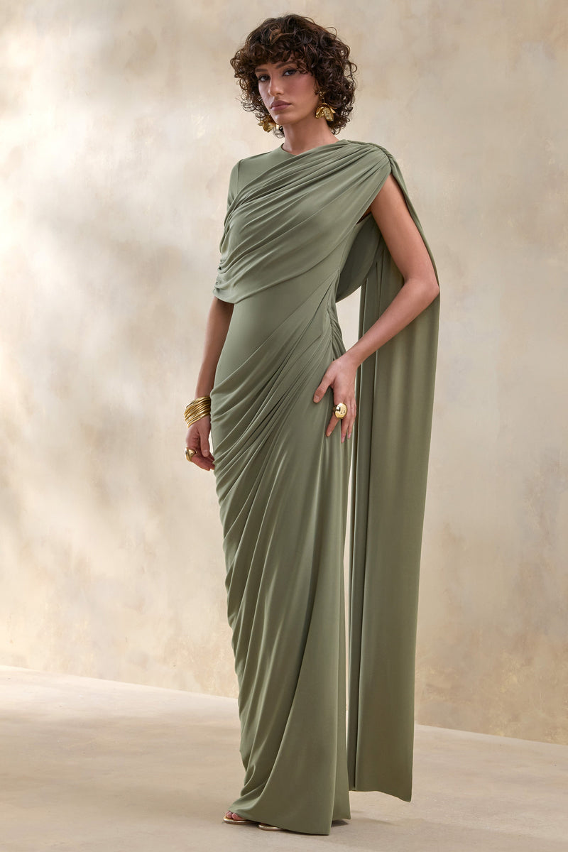 Gisara | Vestido maxi verde oliva de cuello alto con cinturón y detalles drapeados