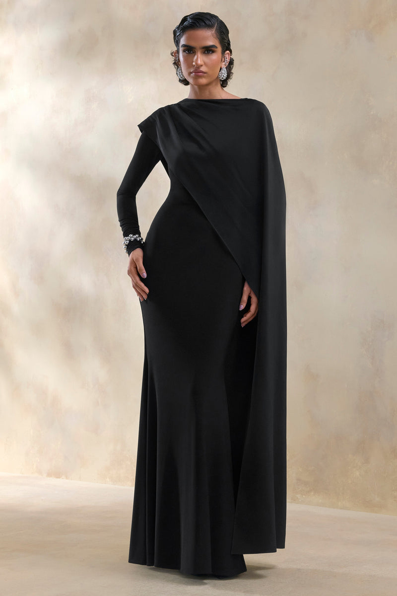 Salenne | Vestido maxi negro de escote amplio con capa asimétrica de satén