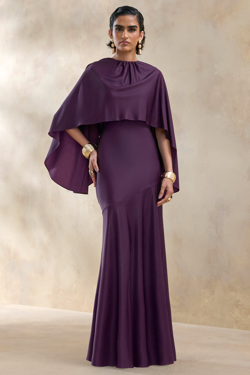 Vanthea | Vestido largo de satén color ciruela oscuro con cuello redondo y mangas tipo capa