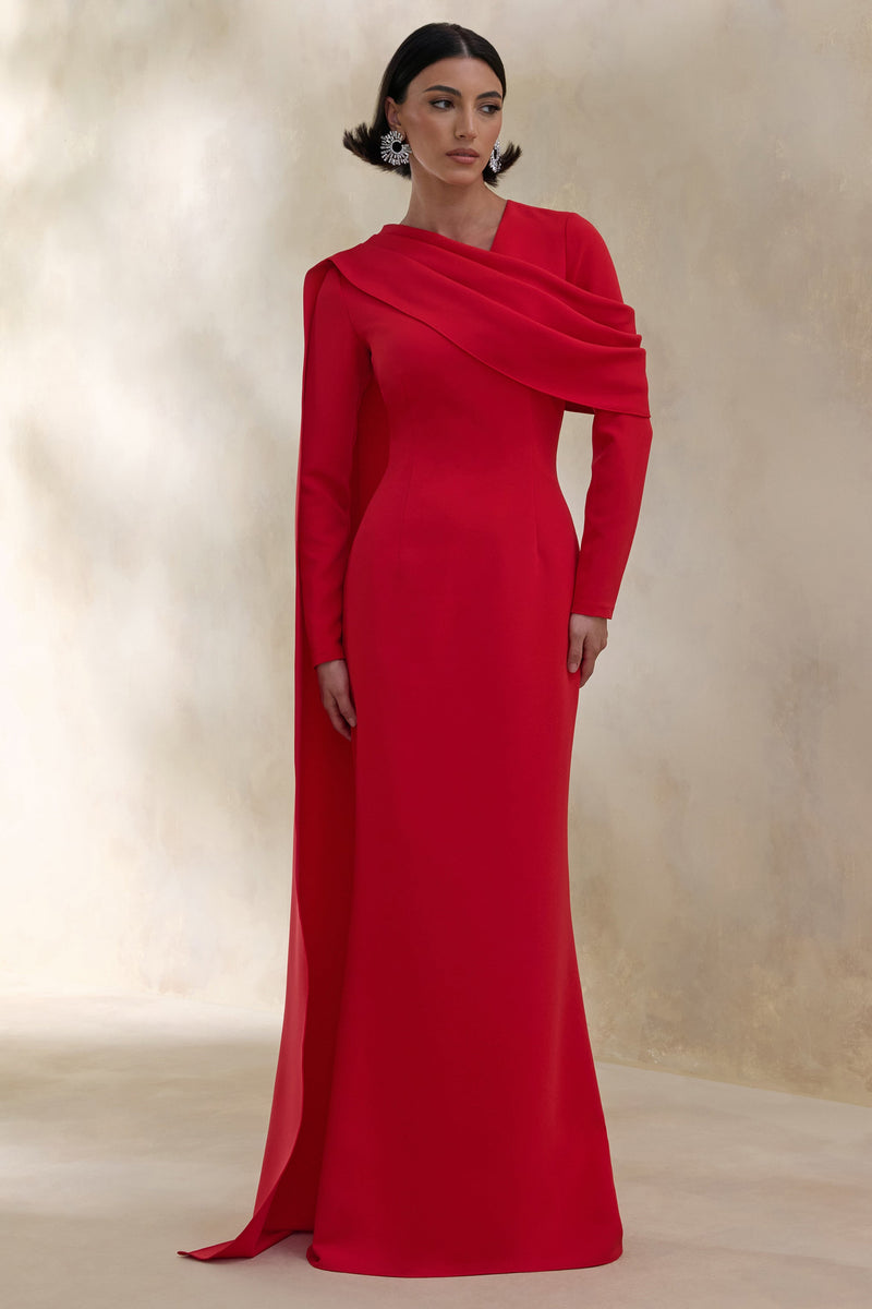 Heliora | Vestido largo rojo con escote en V, fajín y detalle drapeado