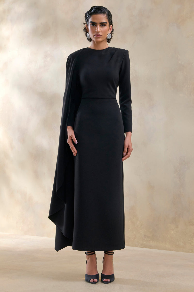 Jovea | Vestido largo negro de cuello redondo con mangas tipo capa