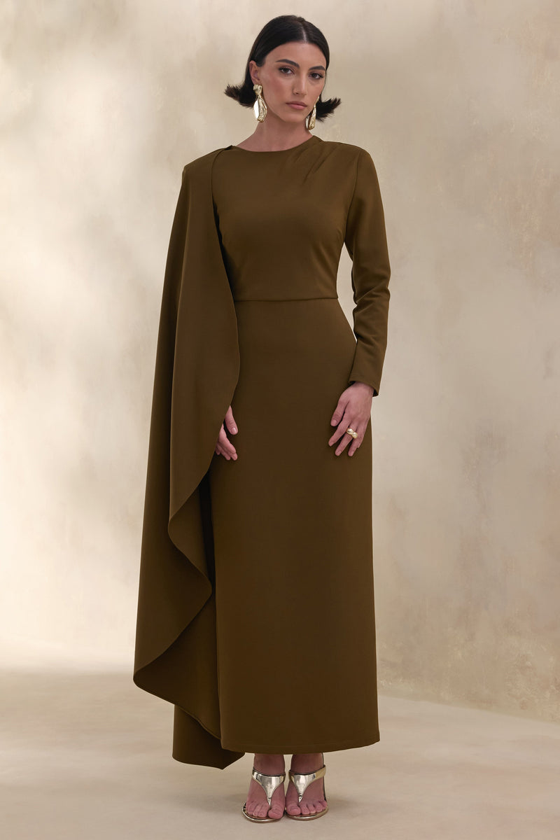 Jovea | Vestido largo color oliva con cuello redondo y mangas tipo capa