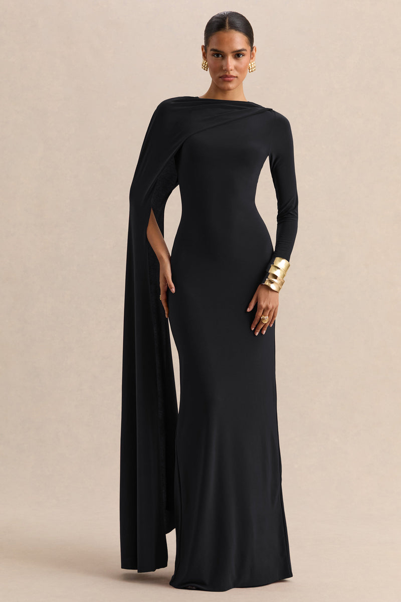 Halina | Vestido largo negro de cuello alto con mangas tipo capa