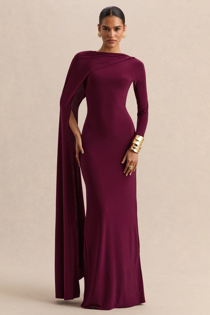 Halina | Vestido largo burdeos de cuello alto con mangas tipo capa