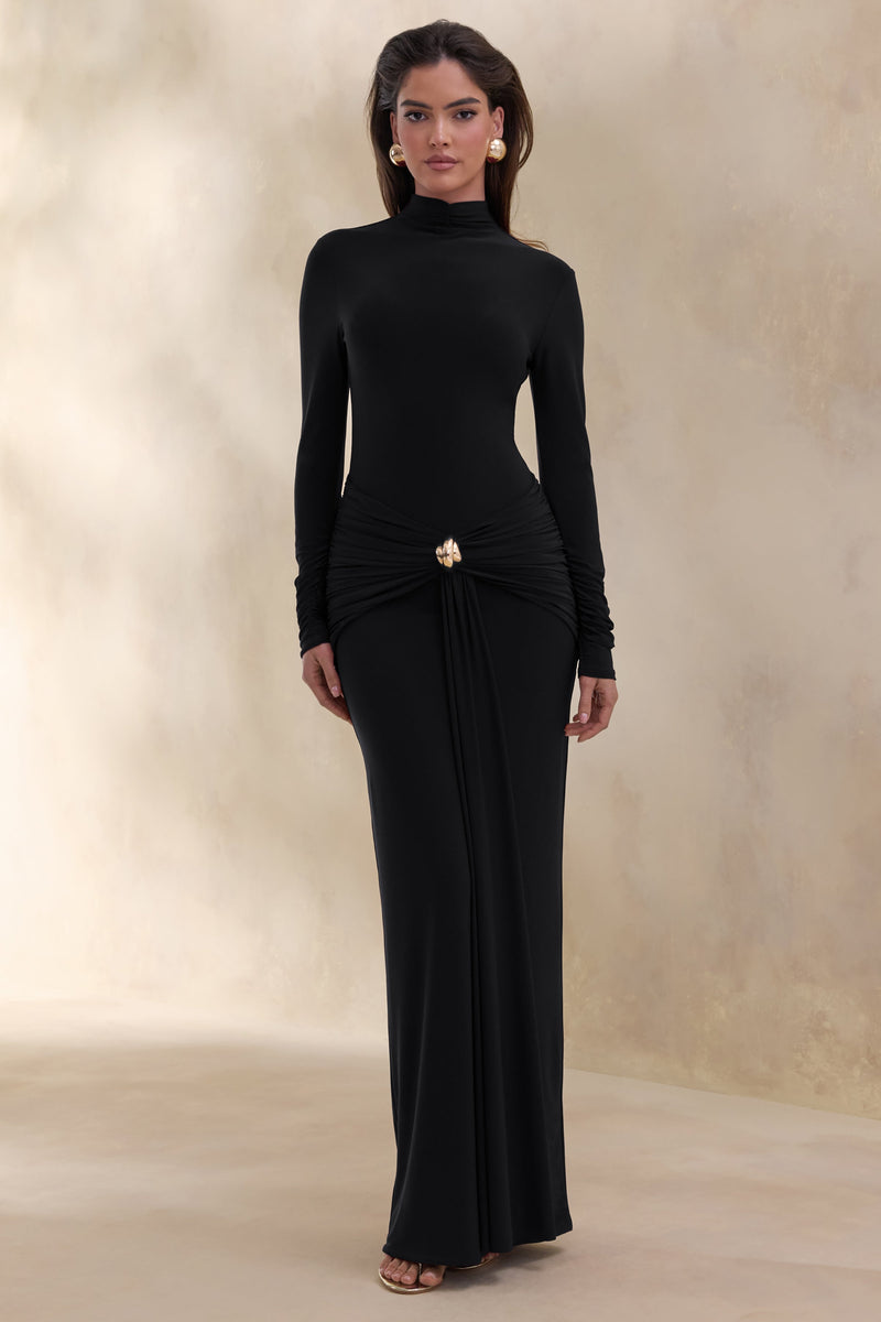 Ambrette | Vestido maxi negro de cuello alto con detalles fruncidos