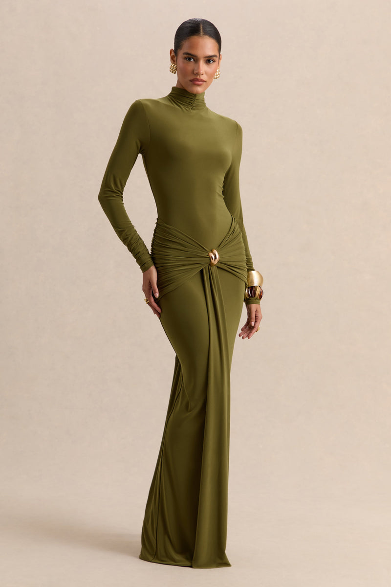 Ambrette | Vestido largo color oliva de cuello alto con detalles fruncidos