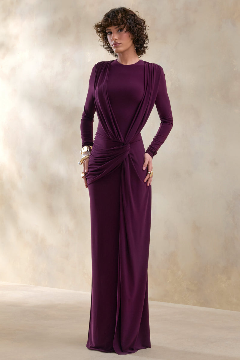 Desirelle | Vestido largo color ciruela con cuello redondo y detalles fruncidos