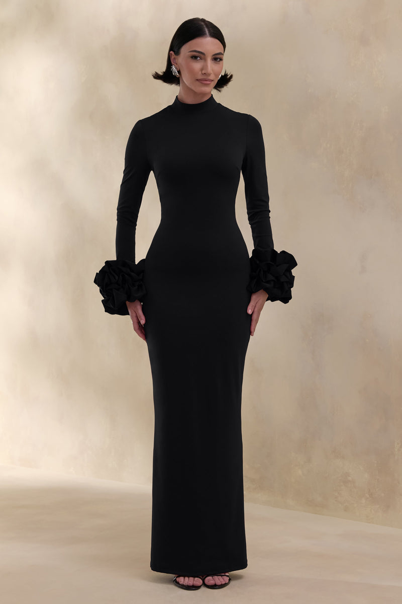 Jaselle | Vestido largo negro de cuello alto con puños de satén con volantes