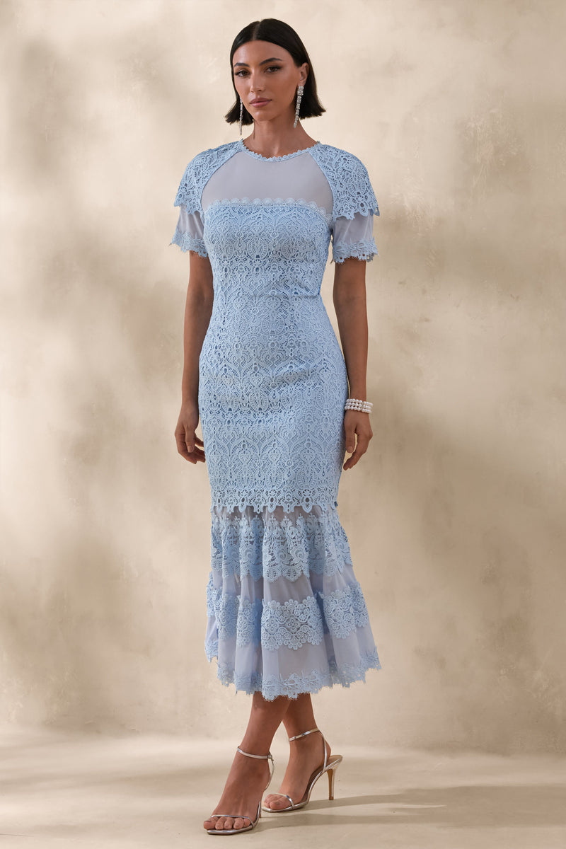 Leanne | Vestido midi de malla y encaje azul empolvado con cuello redondo y corte sirena