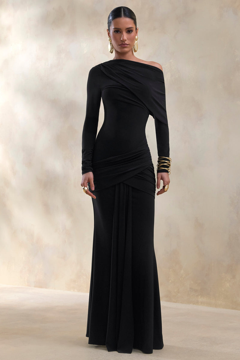 Kessara | Vestido maxi negro de cuello asimétrico con fajín y detalles fruncidos