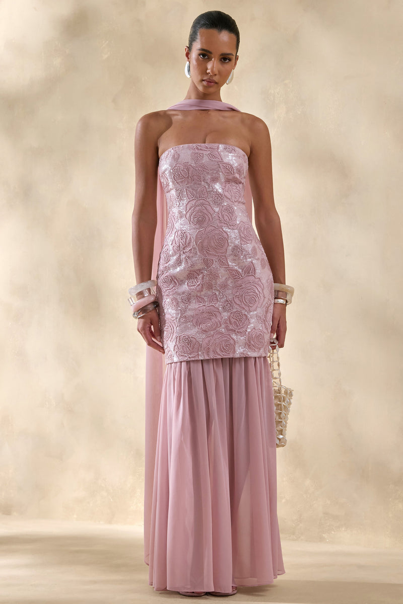 Meraly | Vestido maxi rosa de lentejuelas palabra de honor con detalle de pañuelo