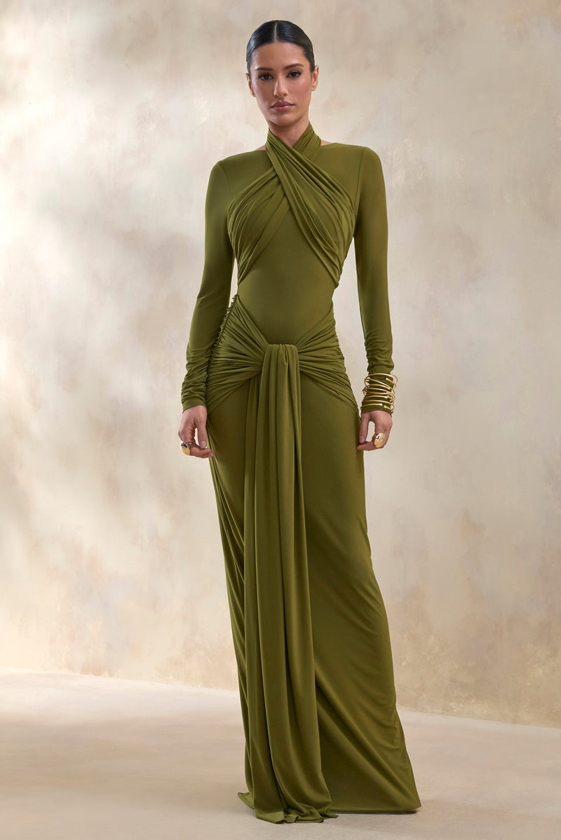 Linessa | Vestido maxi verde oliva de cuello alto con fajín y detalles fruncidos