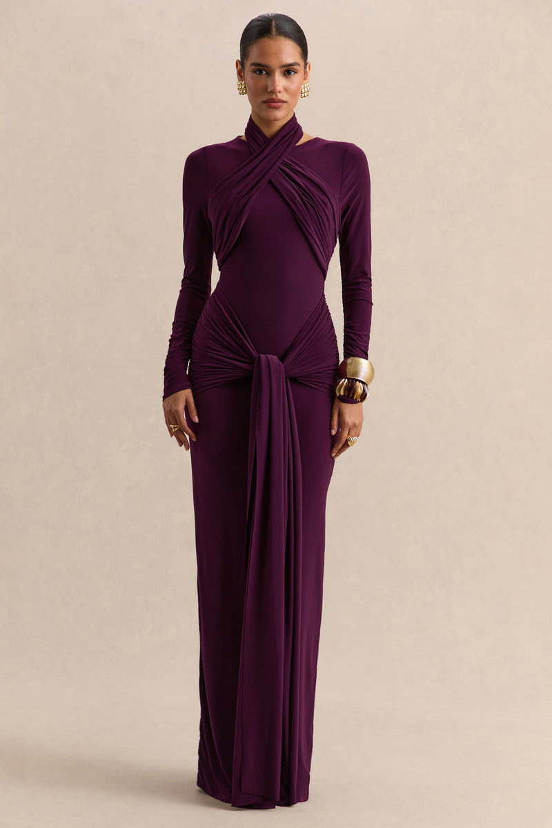 Linessa | Vestido largo color ciruela oscuro con cuello alto, fajín y detalles fruncidos
