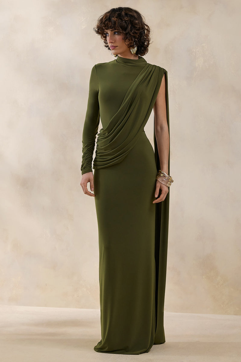 Oliria | Vestido maxi oliva de cuello alto con una sola manga larga y detalle de fajín