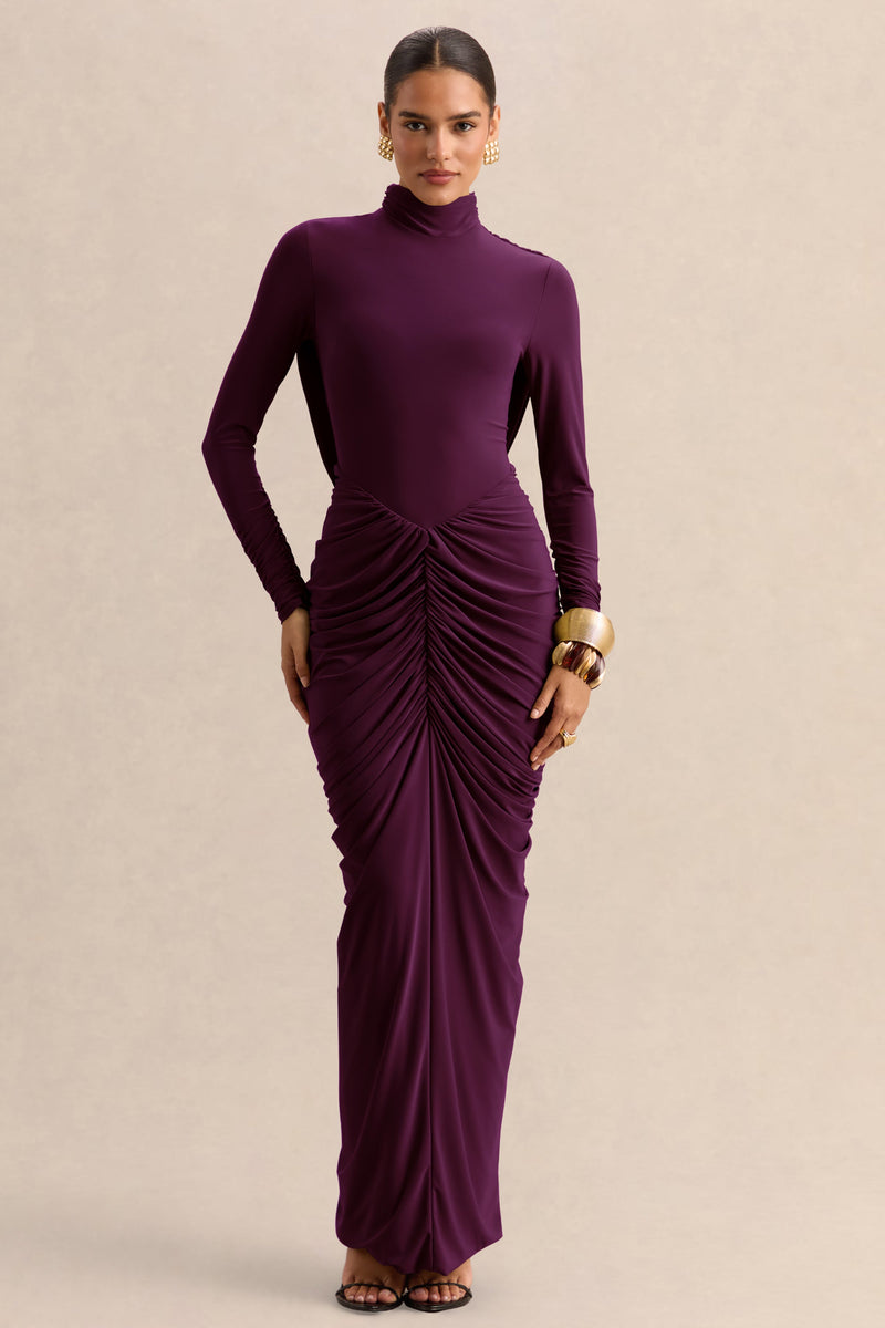 Harmona | Vestido maxi color ciruela oscuro de cuello alto con detalles fruncidos y drapeados