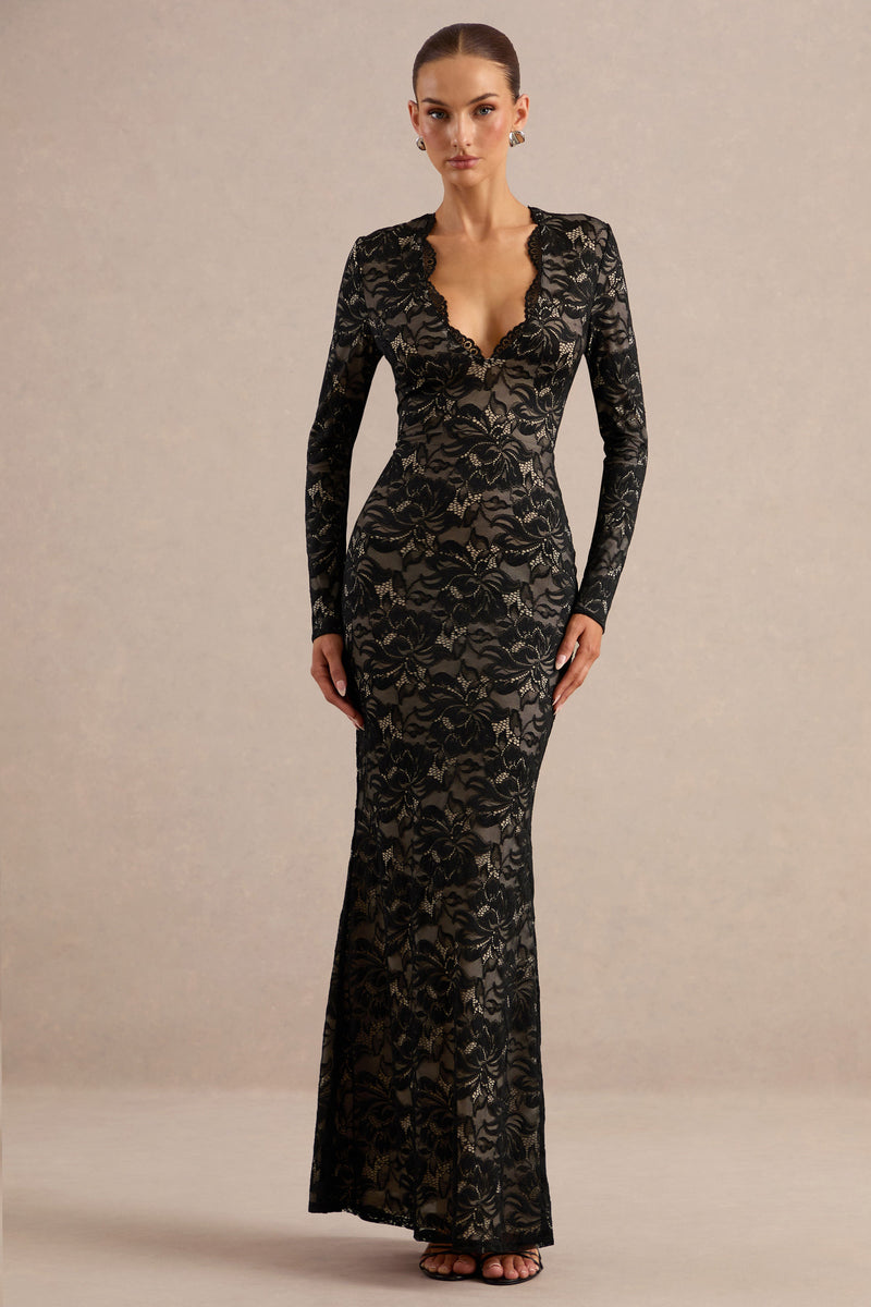 Avorine | Vestido largo negro de encaje con escote pronunciado