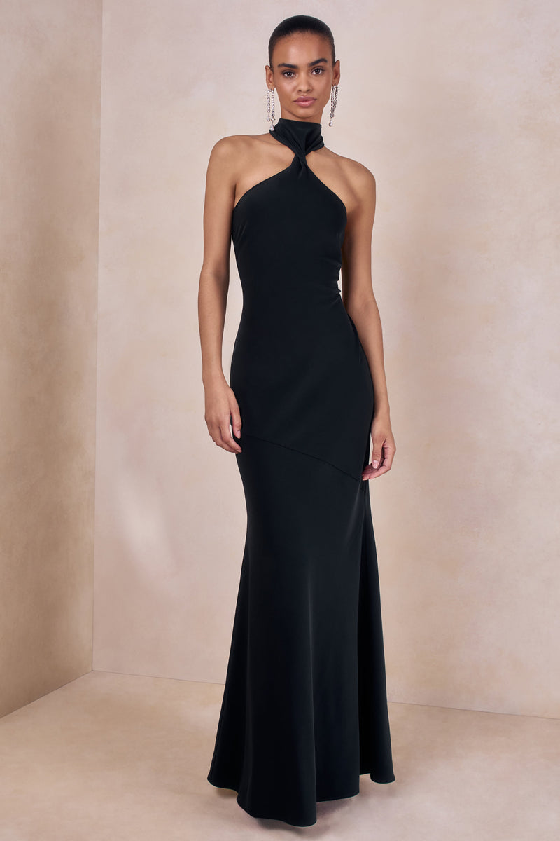 Bellora | Vestido largo negro de satén con cuello halter y detalle de pañuelo