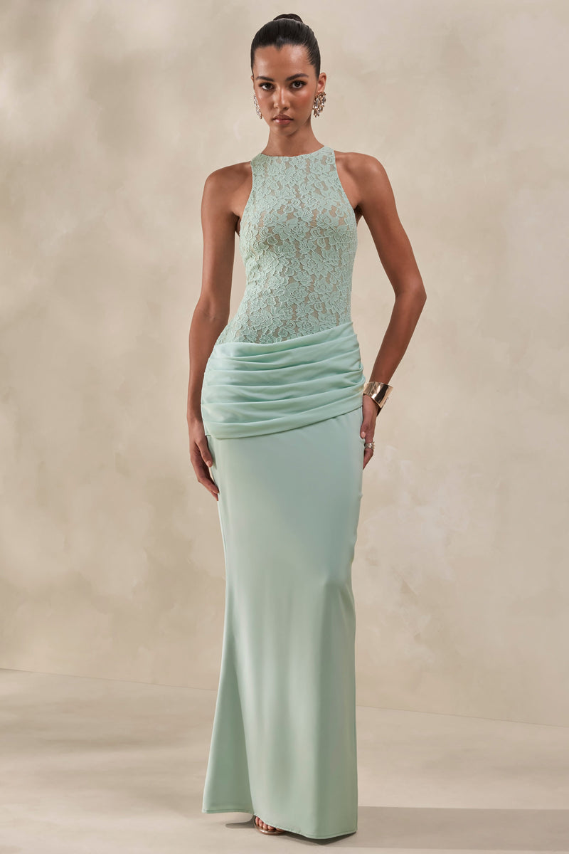 Anthelia | Vestido maxi de encaje y satén color menta con escote tipo nadadora y detalle drapeado