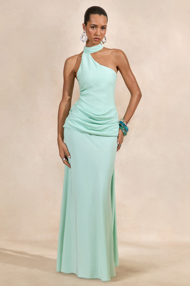 Aevina | Vestido largo de satén color menta con escote asimétrico y detalle de pañuelo