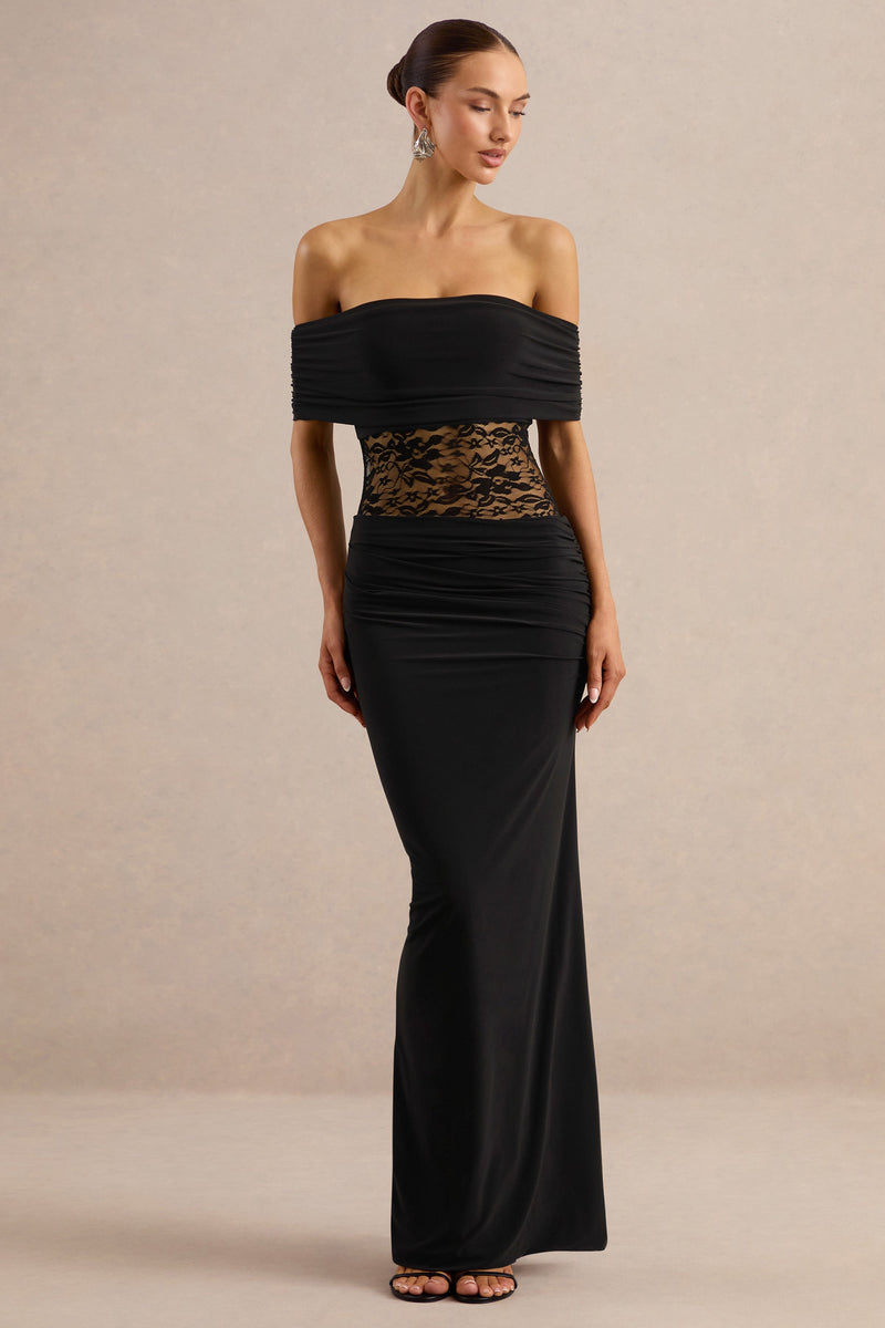 Forsya | Vestido largo negro con escote Bardot y detalles de encaje