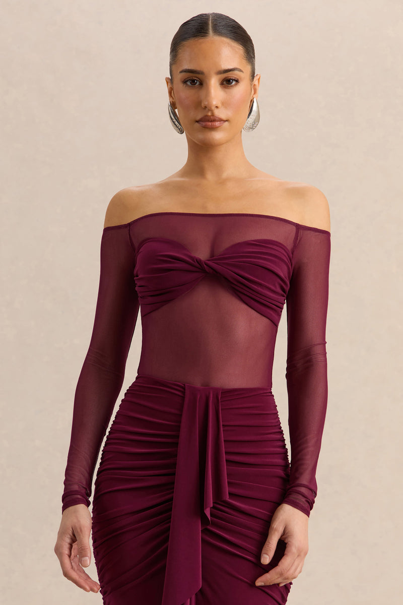 Maira | Body de Malla Color Burdeos con Escote Bardot