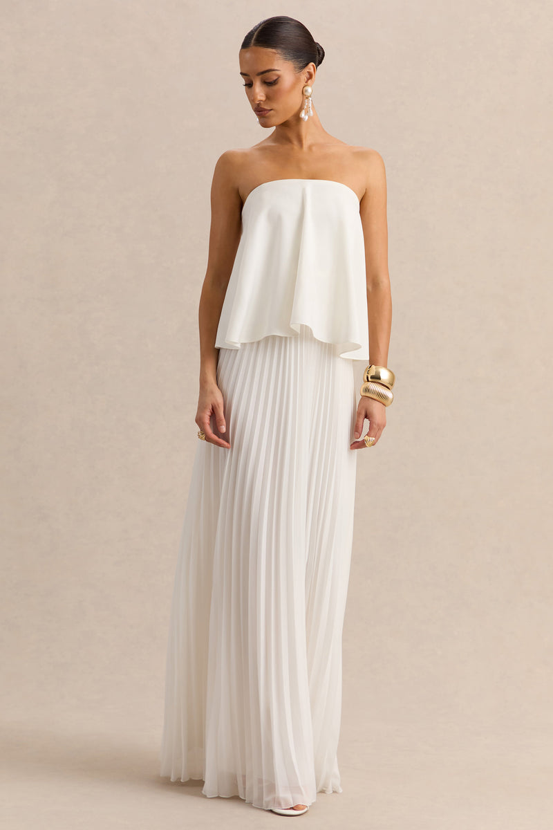 Saralyn | Vestido largo blanco tipo bandeau con falda plisada