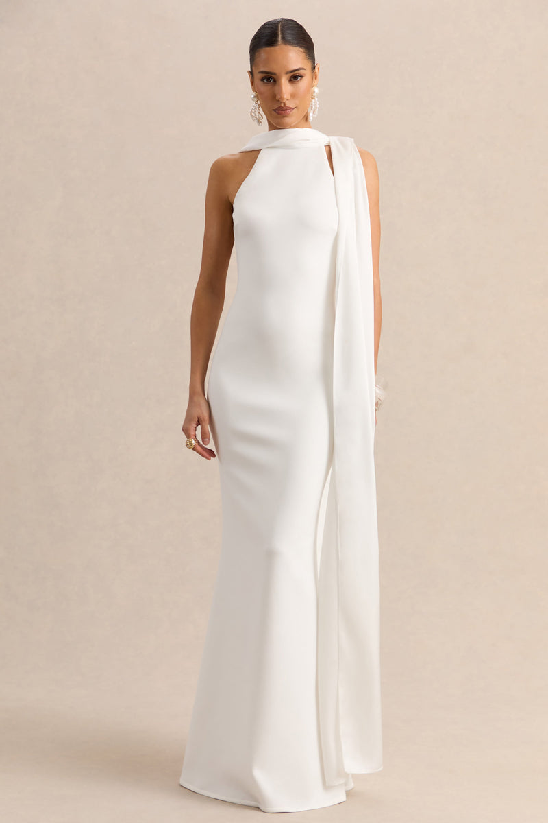 Vionette | Vestido largo blanco de cuello alto con bufanda
