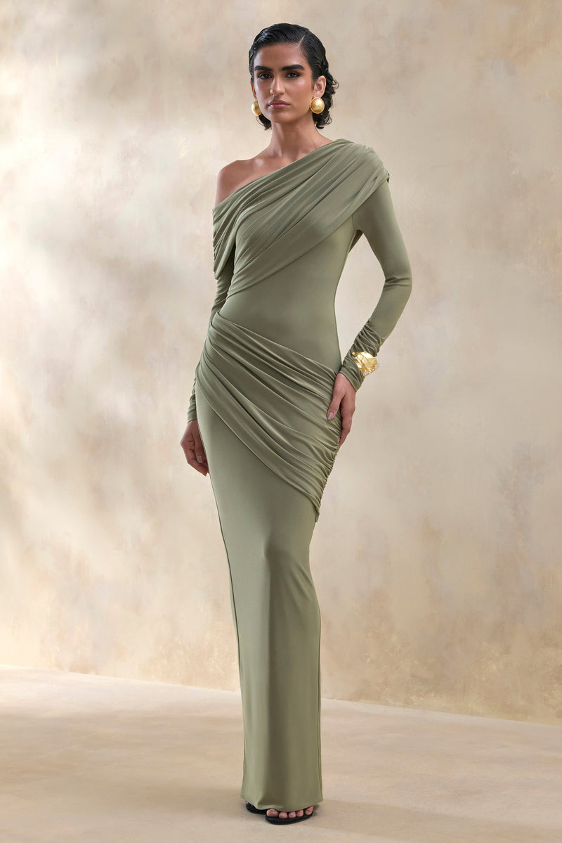 Rosirene | Vestido largo color oliva con escote asimétrico y detalles drapeados