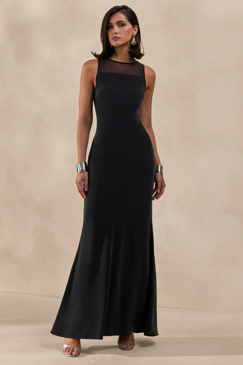 Rosevine | Vestido largo negro de cuello redondo con panel de malla