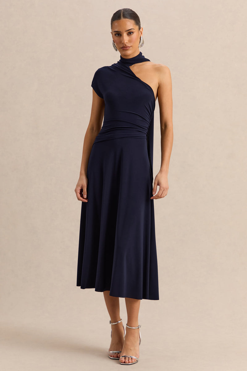 Lythara | Vestido midi azul marino con escote asimétrico y detalle de pañuelo