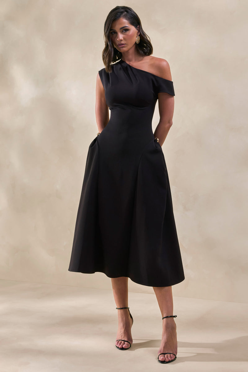 Celosia | Vestido midi negro con escote asimétrico y detalles dorados