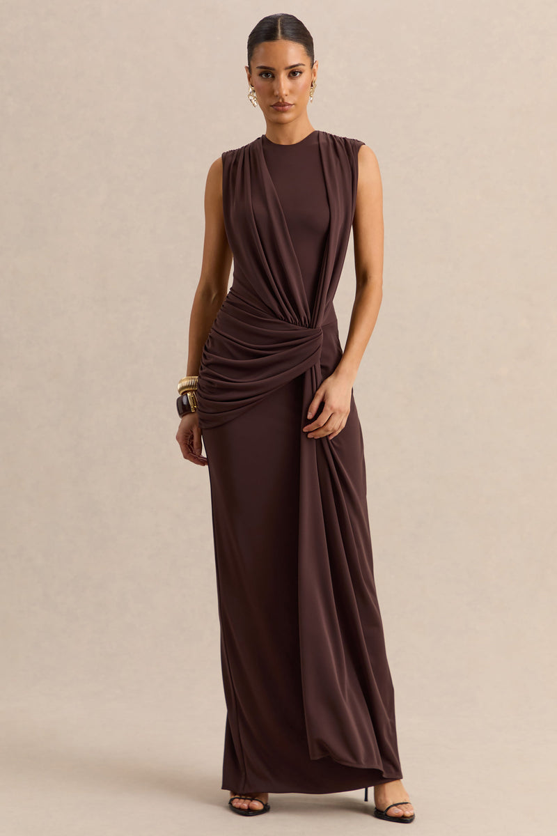 Blythia | Vestido maxi marrón de cuello redondo con detalles fruncidos