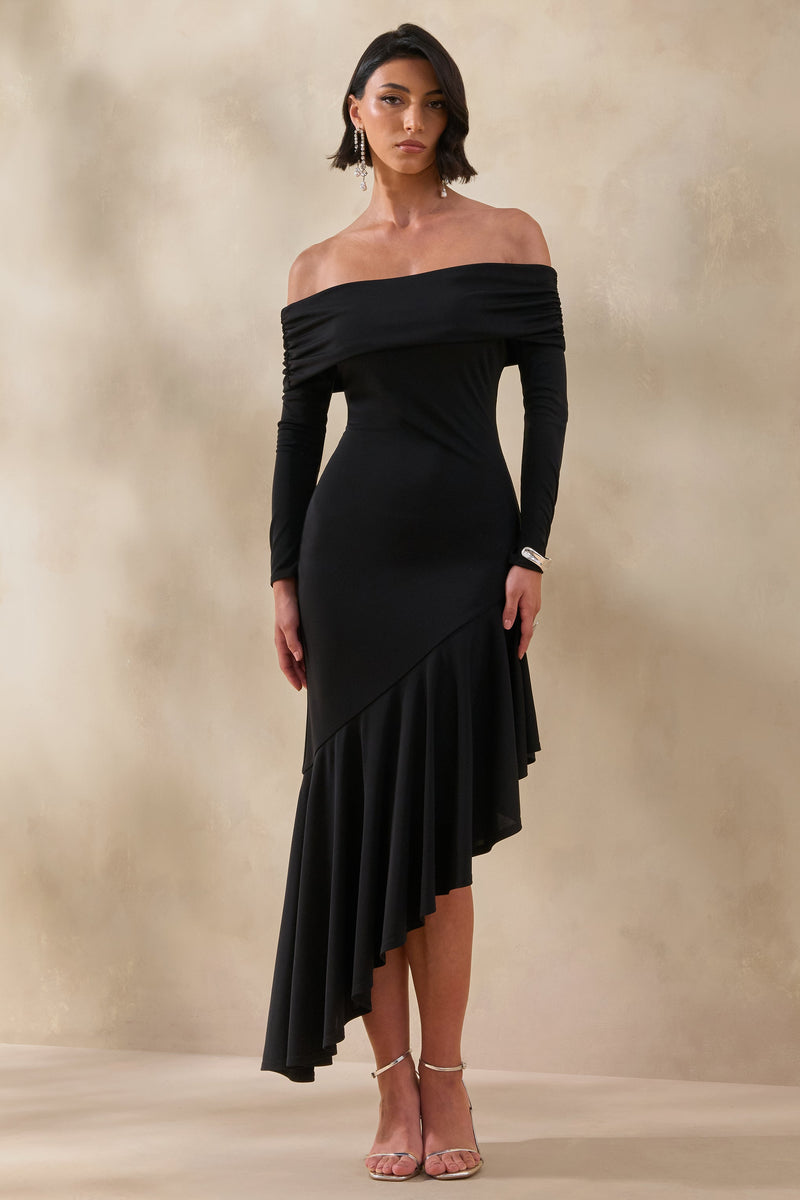 Goldara | Vestido maxi negro con escote Bardot y bajo asimétrico con volantes