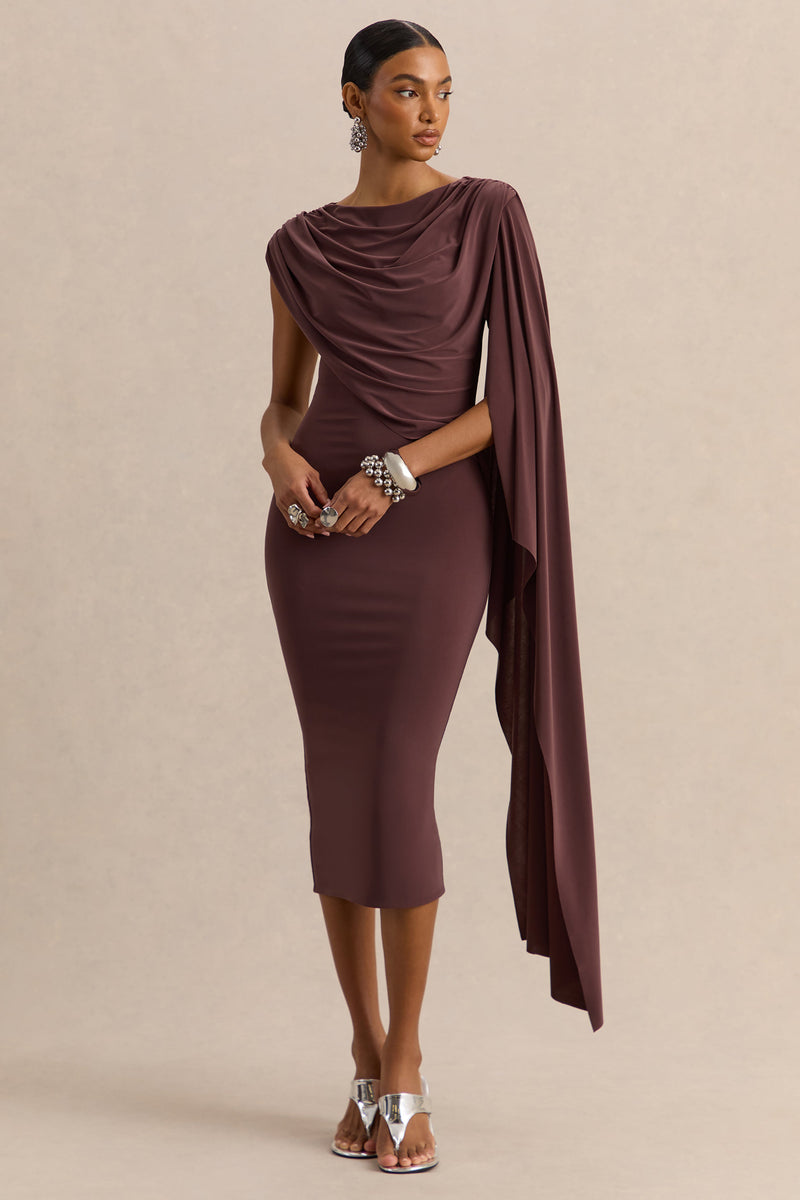 Kamoria | Vestido midi marrón de cuello redondo con mangas tipo capa