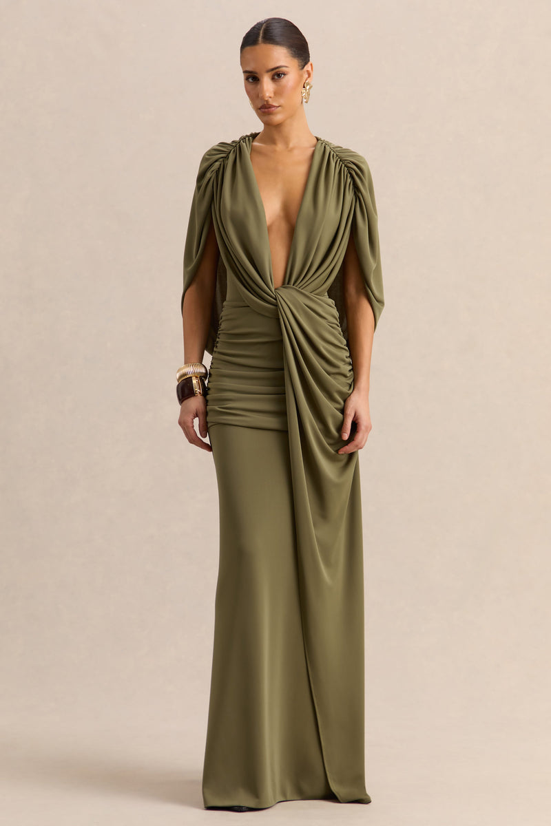 Marisea | Vestido largo verde con escote pronunciado y mangas tipo capa