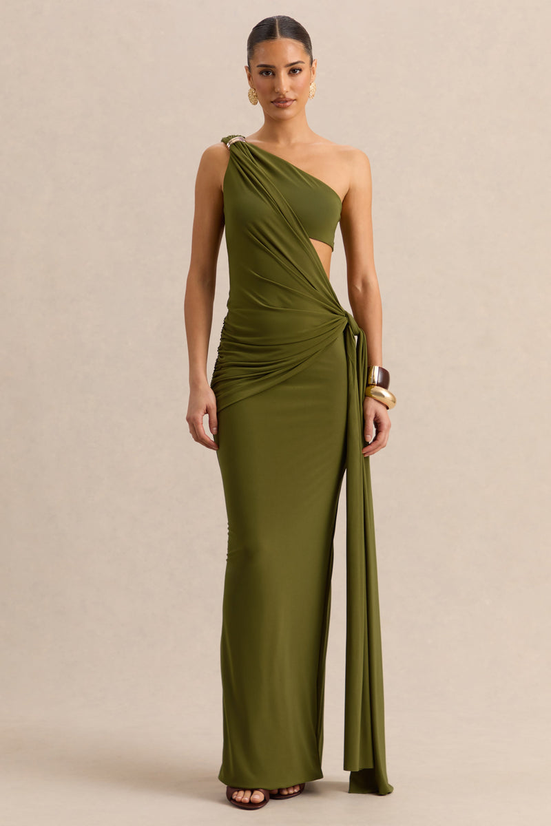 Clarosia | Vestido largo verde de cuello asimétrico con abertura y fajín