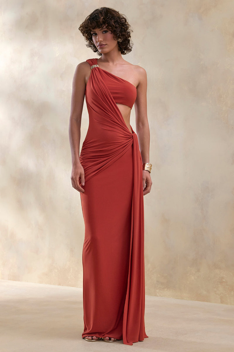 Clarosia | Vestido maxi color óxido con escote asimétrico, abertura y fajín