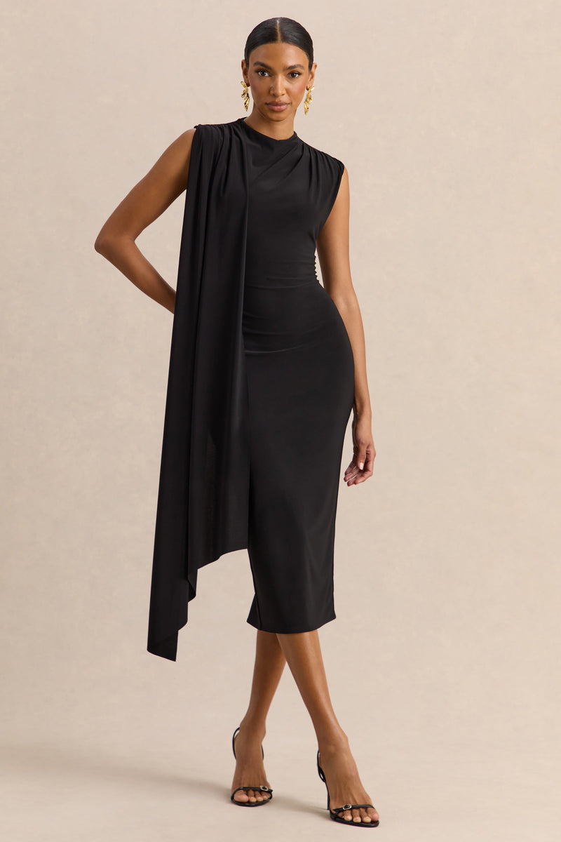 Oleandra | Vestido midi negro de cuello alto con detalle drapeado
