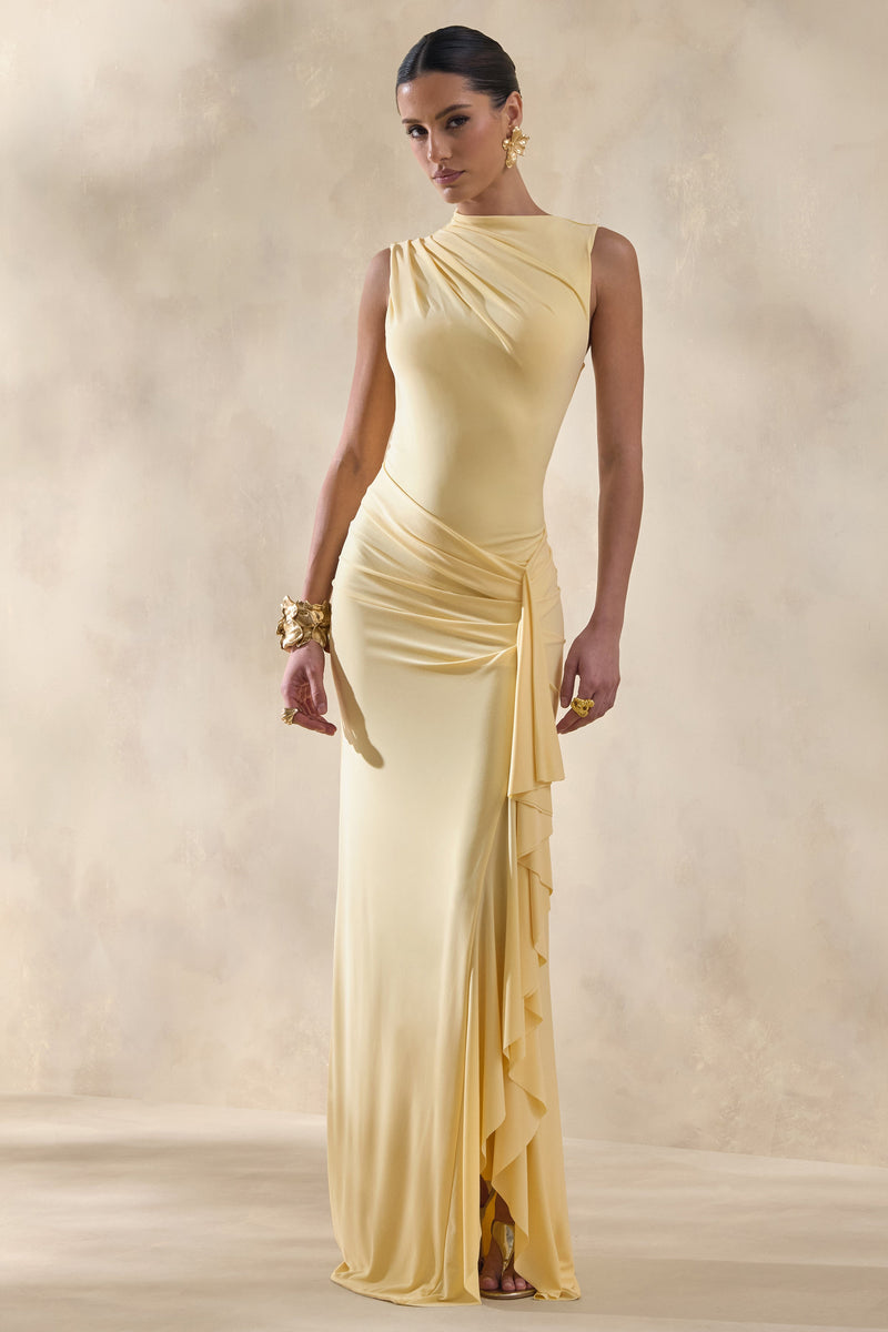 Helessia | Vestido largo color amarillo limón con escote asimétrico, detalles fruncidos y fajín