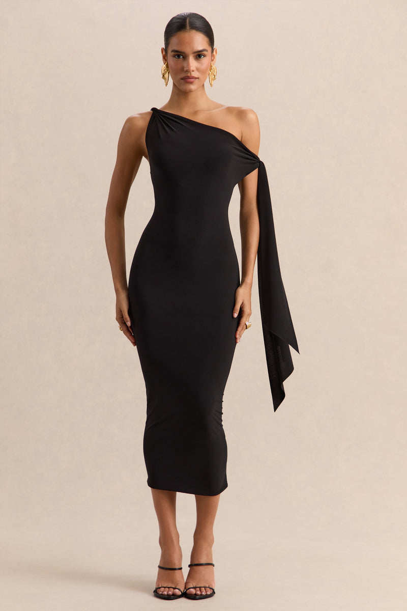Arcelia | Vestido midi negro con escote asimétrico y detalle de manga con nudo