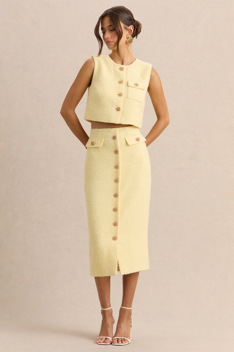 Glyra | Falda midi de sastrería color limón con detalle de botones