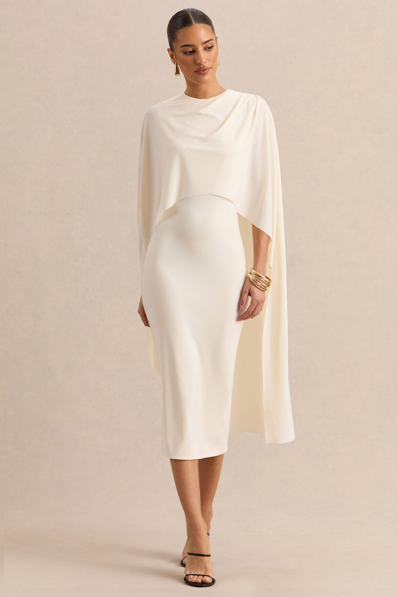 Luxalyn | Vestido midi color crema con cuello redondo y detalle de capa