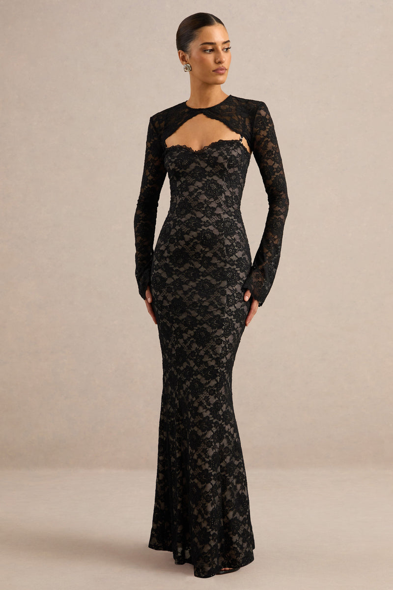 Mirellia | Vestido largo negro de encaje con escote corazón