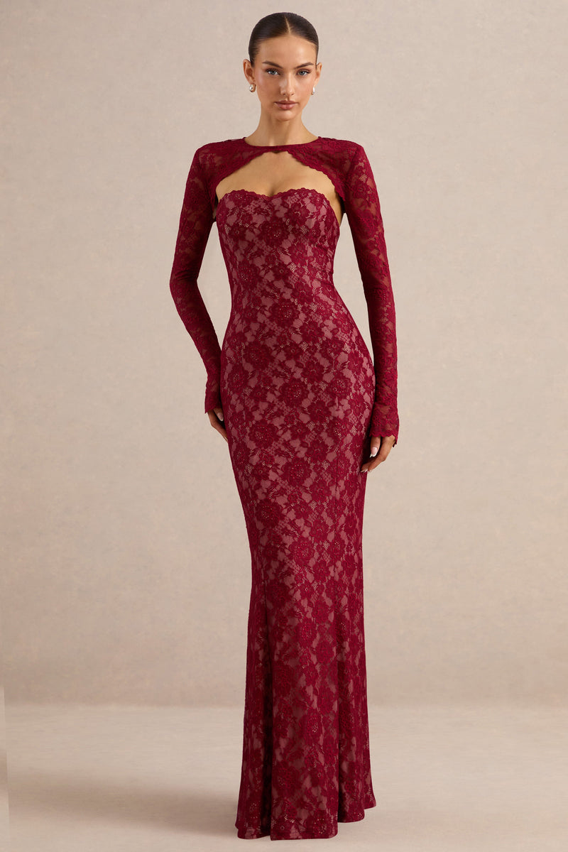 Mirellia | Vestido largo de encaje rojo oscuro con escote corazón