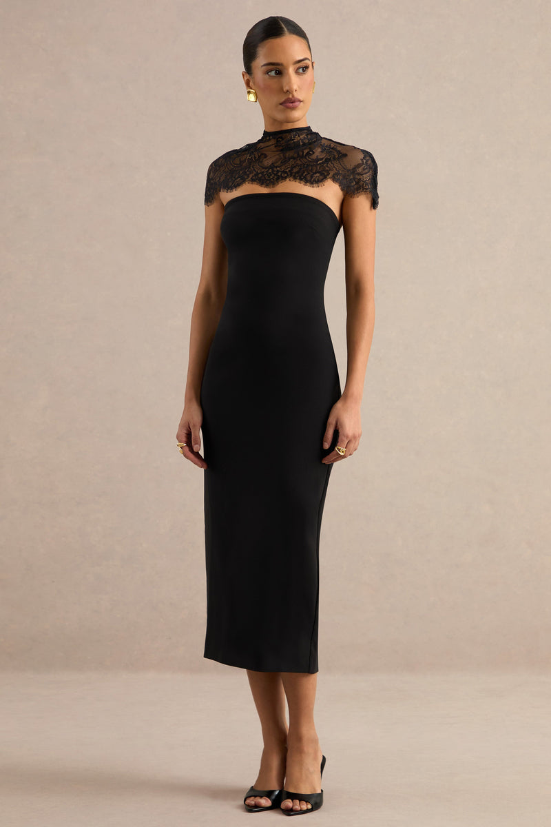 Navoria | Vestido midi negro de encaje con cuello alto