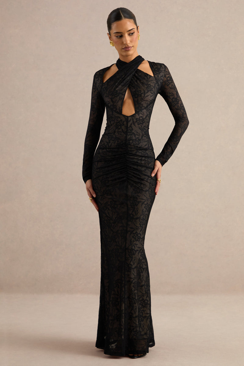 Perriane | Vestido largo negro de encaje con cuello halter y detalles de aberturas